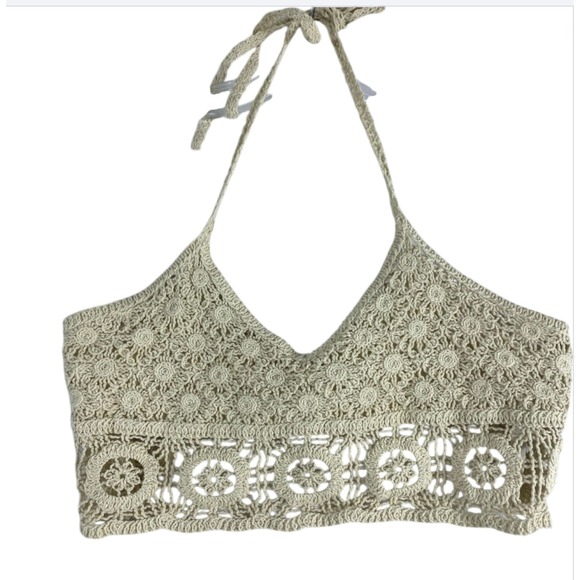 Free‎ People Intimately Bralette Sz S Beige Crochet Tie Neck Coquette - Picture 2 of 12